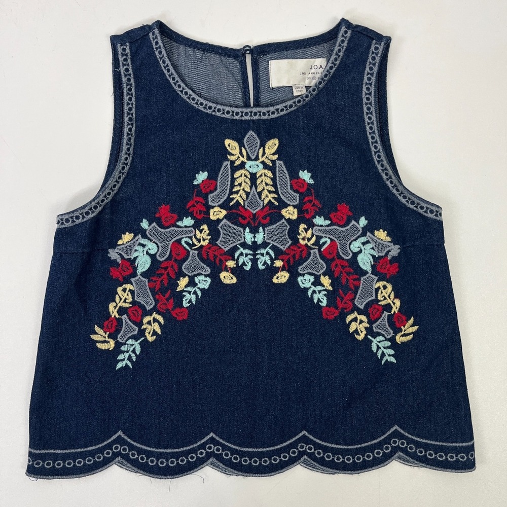 JOA Los Angeles Embroidered Tank Denim Floral Sz S Bohemian Retro Festival